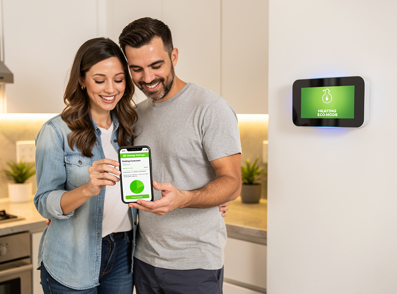 Family reviewing energy savings on smartphone with smart thermostat in background