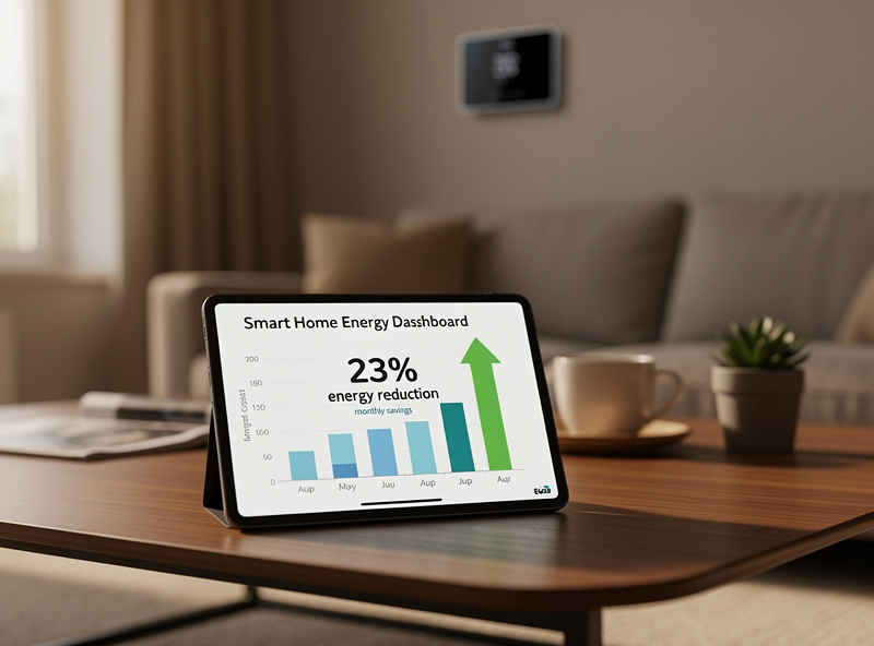 Smart thermostat energy savings dashboard showing monthly cost reduction