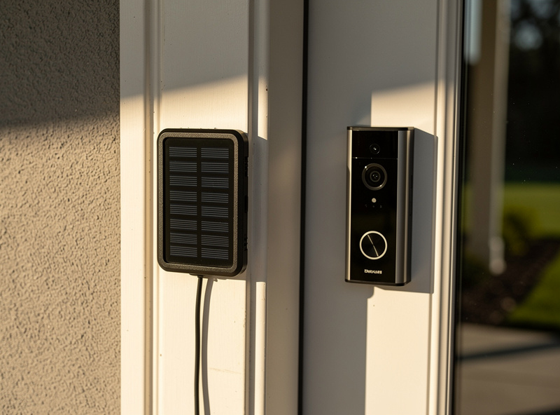 Solar panel charger mounted next to smart video doorbell on front door frame