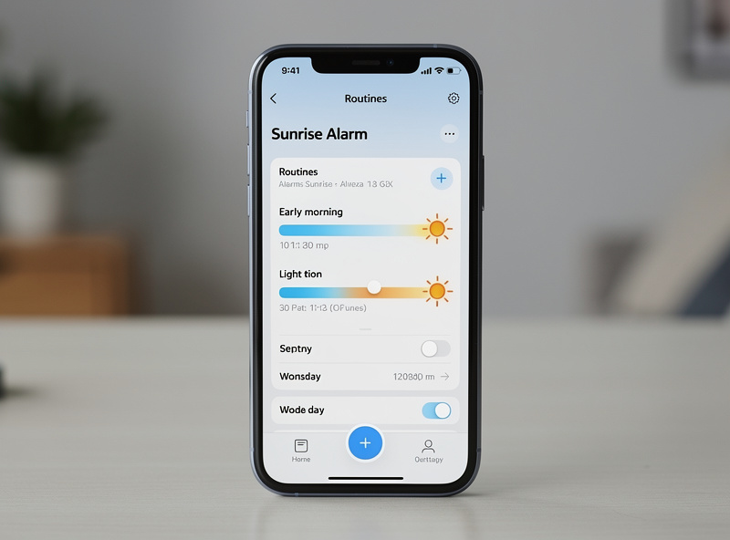 Smartphone showing sunrise alarm routine setup