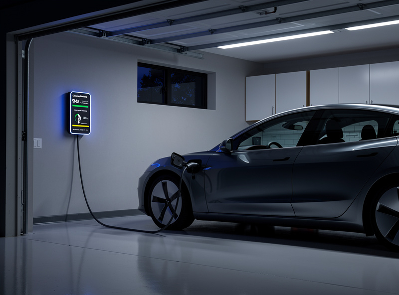Electric vehicle charging at home overnight with smart charger showing schedule and cost savings