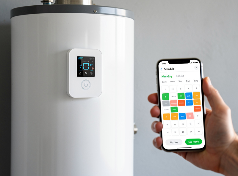 Smart water heater controller mounted on water heater with smartphone app showing schedule