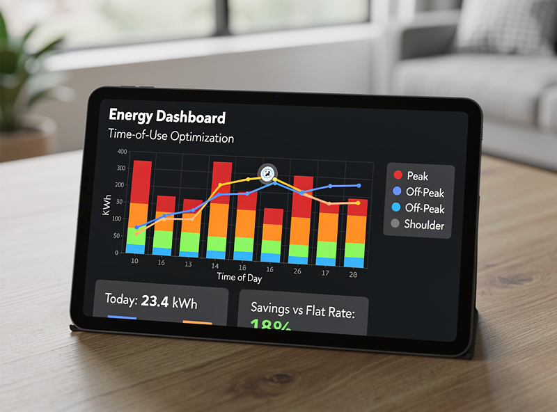 Home Assistant energy dashboard showing time-of-use rate optimization with peak and off-peak graphs