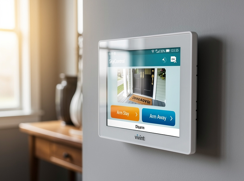 Vivint SkyControl Panel mounted on a kitchen entryway wall showing the home dashboard with armed status