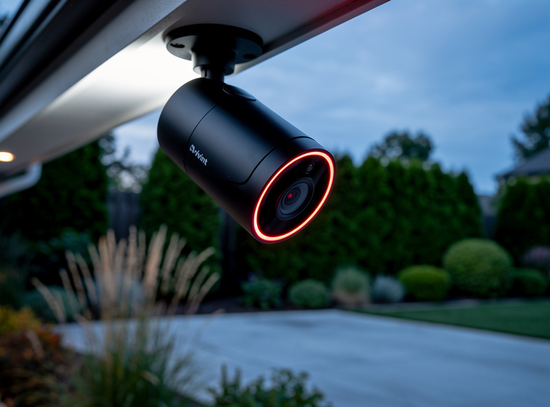 Vivint outdoor security camera mounted on home eaves with smart sentry verbal warning capability
