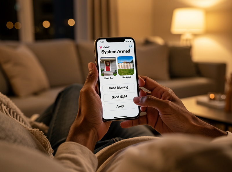 Homeowner on a couch using the Vivint mobile app to control a smart home system showing camera tiles and armed status