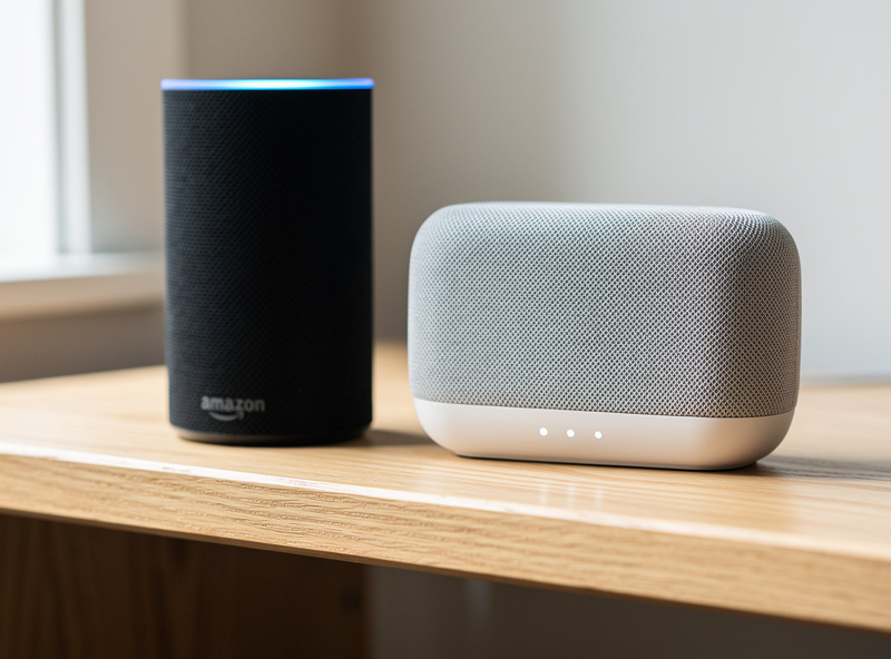 Amazon Echo and Google Nest smart speakers on a wooden shelf for comparison