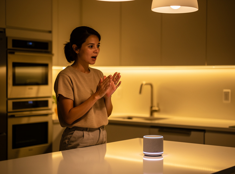 Person using voice command to control smart home lighting in a modern kitchen