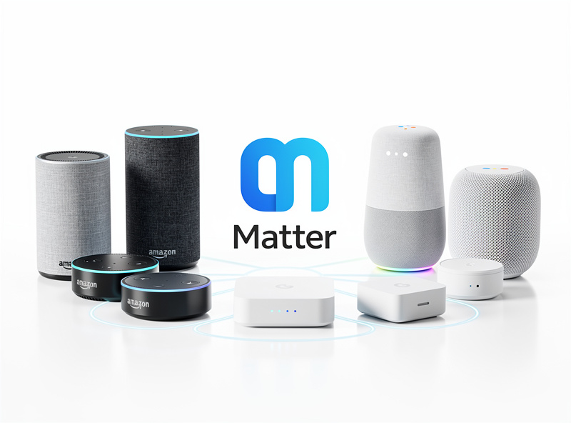 Matter smart home protocol logo with connected devices from multiple brands