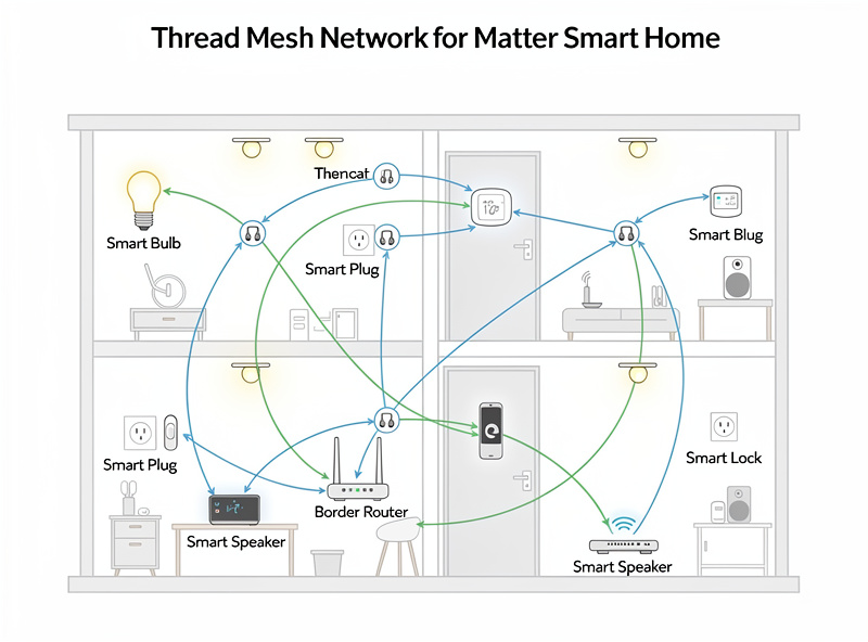 Thread mesh network diagram showing Matter devices communicating across rooms