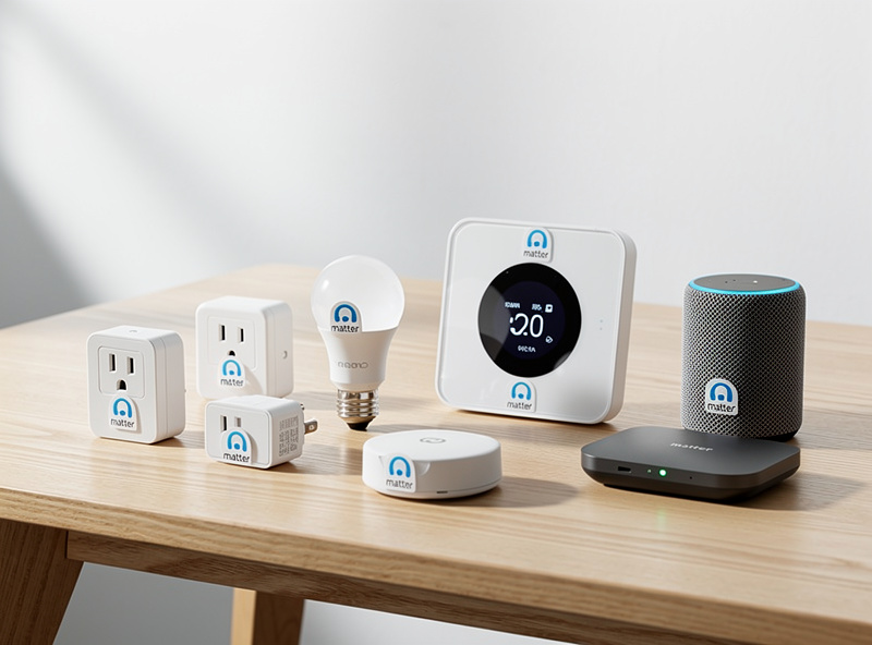 Smart home devices with Matter certification logos from different brands working together