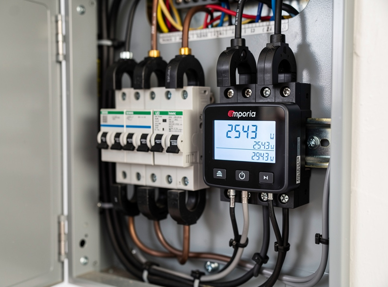 Emporia Vue energy monitor with CT clamps in electrical panel showing real-time wattage