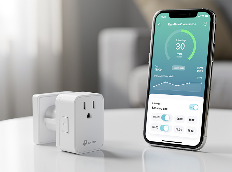 TP-Link Kasa smart plug showing smartphone app with energy consumption and scheduling