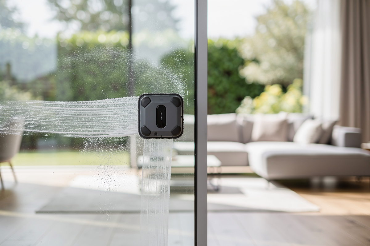 Window cleaning robot navigating across large floor-to-ceiling glass sliding door in modern living room