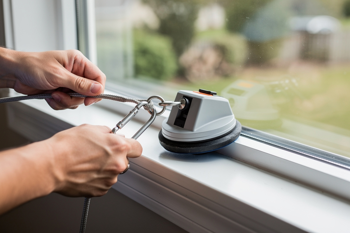 Person attaching safety tether cord from window cleaning robot to suction cup anchor on window frame