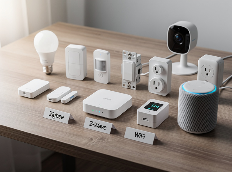 Zigbee, Z-Wave, and WiFi smart home devices showing different protocol sensors and controllers