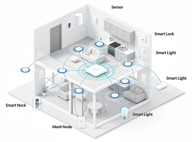 Smart home mesh network showing wireless signal paths through connected devices
