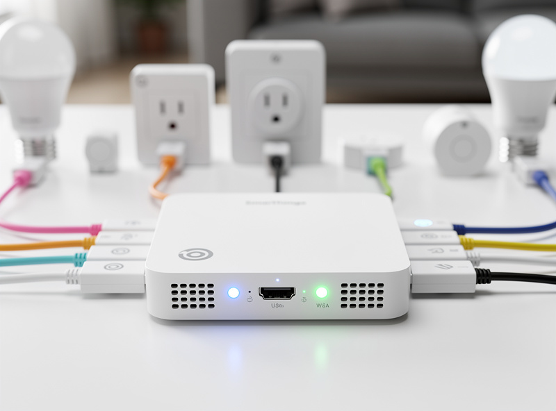 SmartThings hub connected to Zigbee and Z-Wave devices with glowing indicator lights