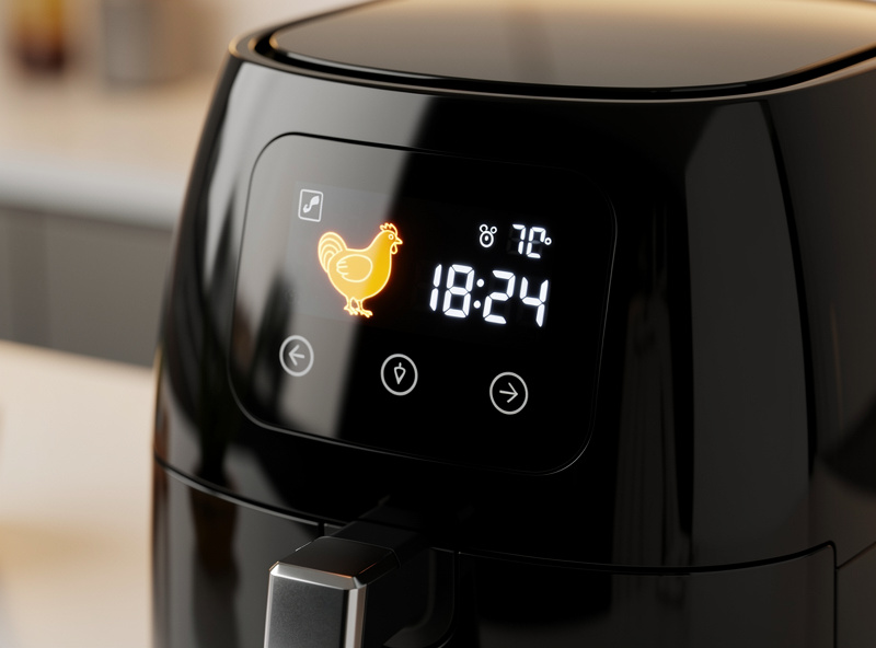 Modern smart air fryer with digital touchscreen on kitchen counter, smartphone showing recipe app