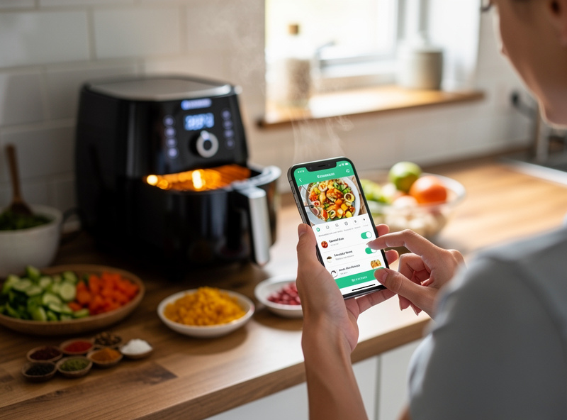 Person using smart air fryer recipe app on smartphone with food cooking inside