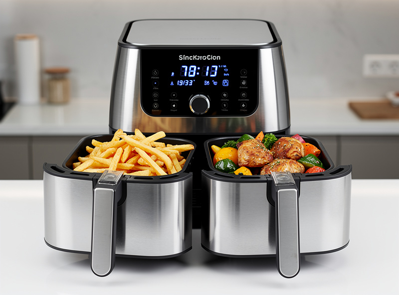 Dual-zone smart air fryer with two cooking baskets and synchronized finish display