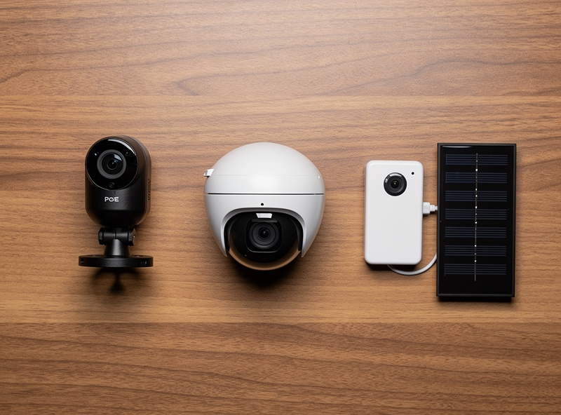 Three smart security cameras compared: PoE bullet, wireless dome, and solar battery combo