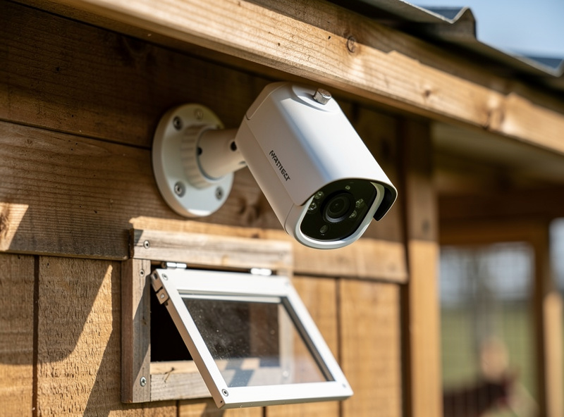 Security camera mounted under the eave of a chicken coop aimed at the pop door