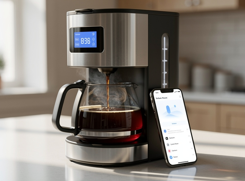 Smart drip coffee maker on kitchen counter with smartphone showing brew schedule app