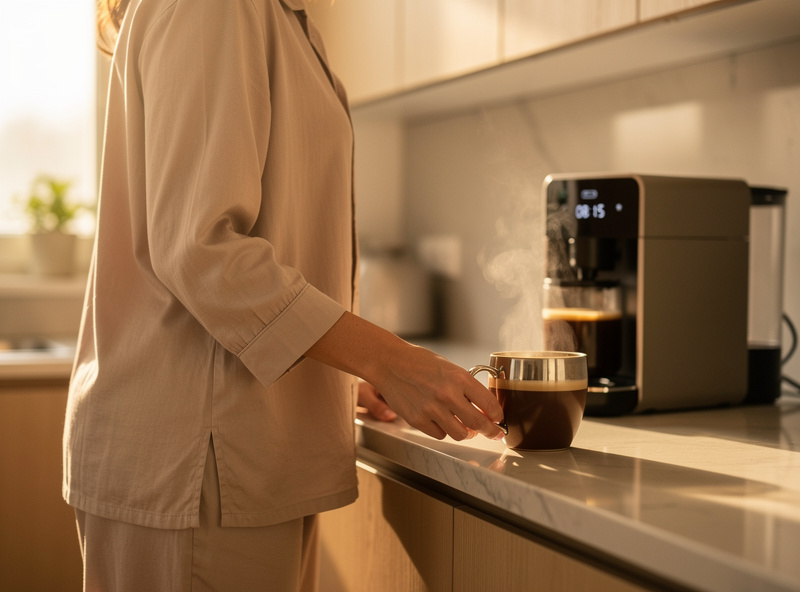 Person reaching for fresh brewed cup from smart coffee maker, smartphone with brew status visible