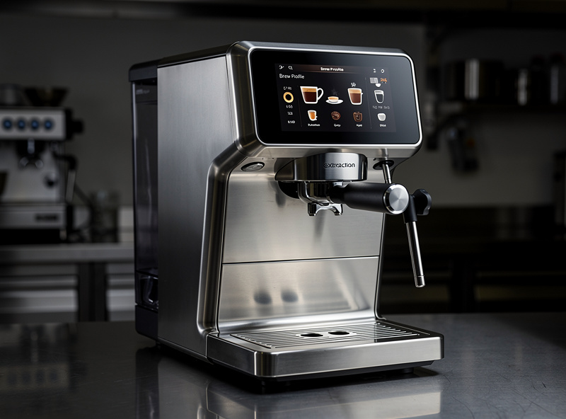 Smart espresso machine with milk frother and connected display showing brew profile