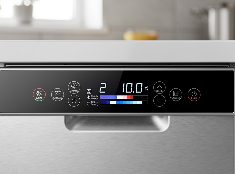 Modern smart dishwasher front panel with digital display showing cycle status, integrated kitchen cabinetry