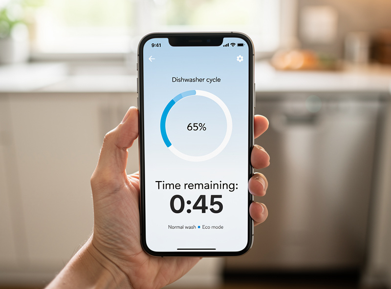 Smartphone showing dishwasher app with cycle progress bar and time remaining