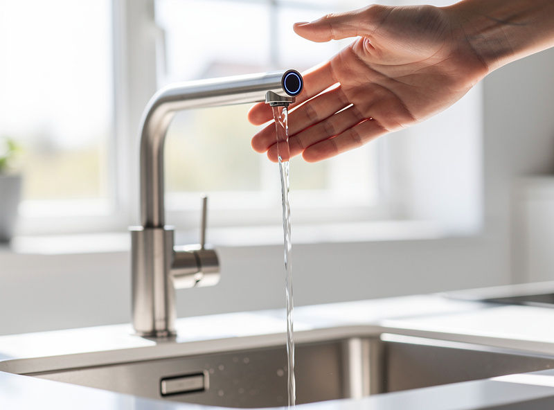 Modern smart kitchen faucet with motion sensor activated above pulldown spray head