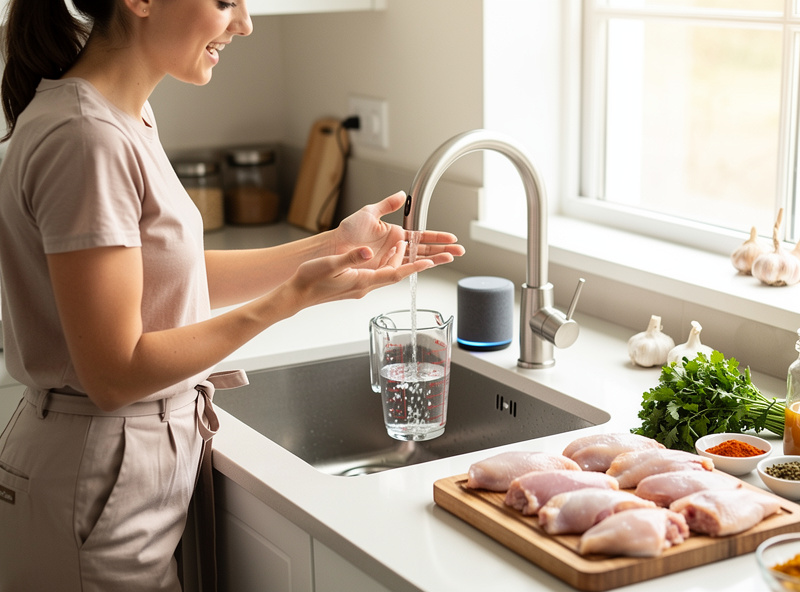 Person using voice command to fill measuring cup with smart faucet, hands-free kitchen workflow
