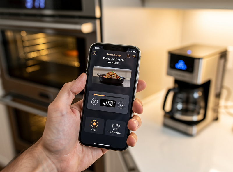 Smart kitchen with connected oven, coffee maker, and refrigerator with mobile app overlay