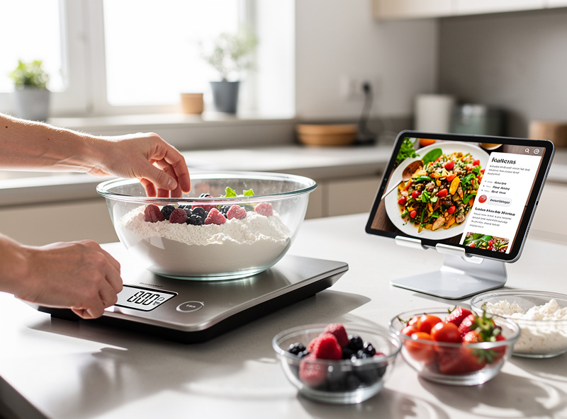 Hands using smart kitchen scale with recipe app overlay on tablet