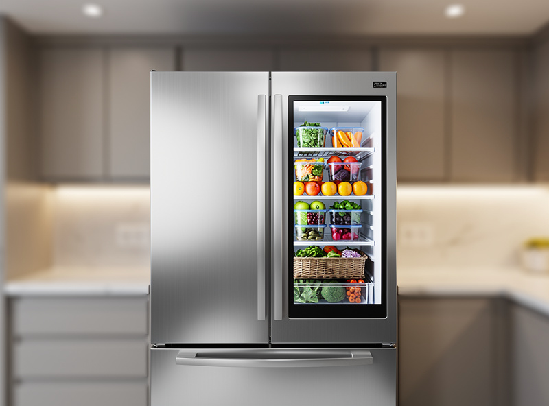 Smart refrigerator with internal camera view showing groceries on app screen