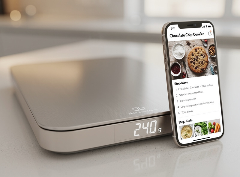 Modern smart kitchen scale on counter with smartphone showing recipe ingredient countdown