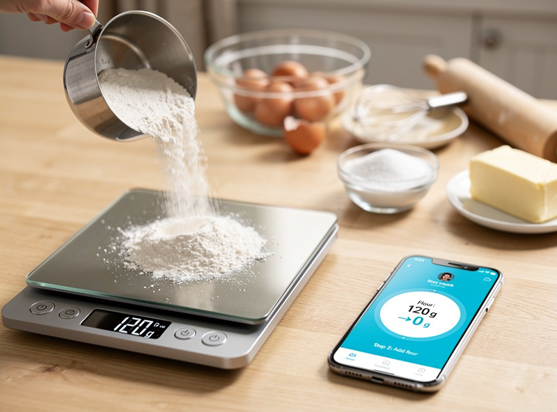 Hand pouring flour onto smart kitchen scale, smartphone displaying ingredient countdown overlay