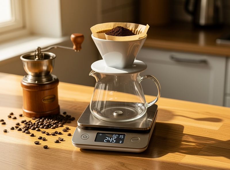 Pour-over coffee setup with smart scale showing brew time and water weight