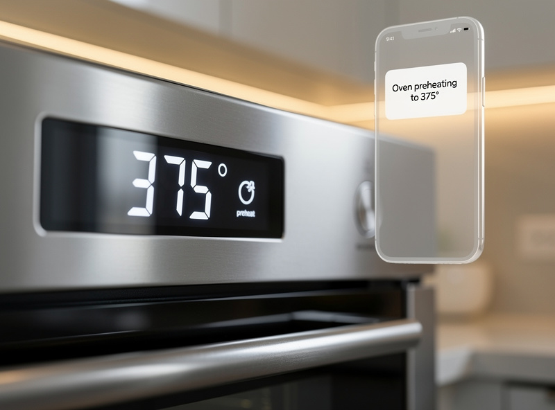 Smart countertop oven with digital display showing preheat status and connected app notification on smartphone