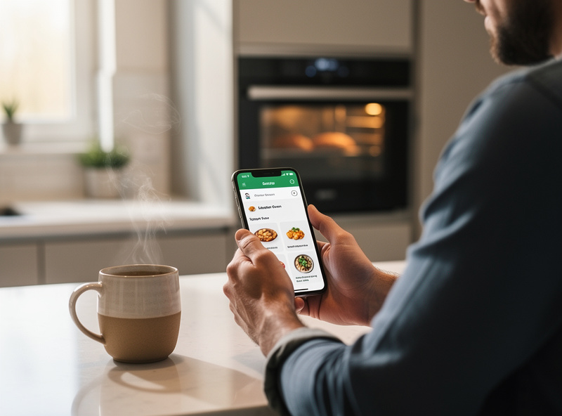 Person checking smart oven status on smartphone while doing other kitchen tasks