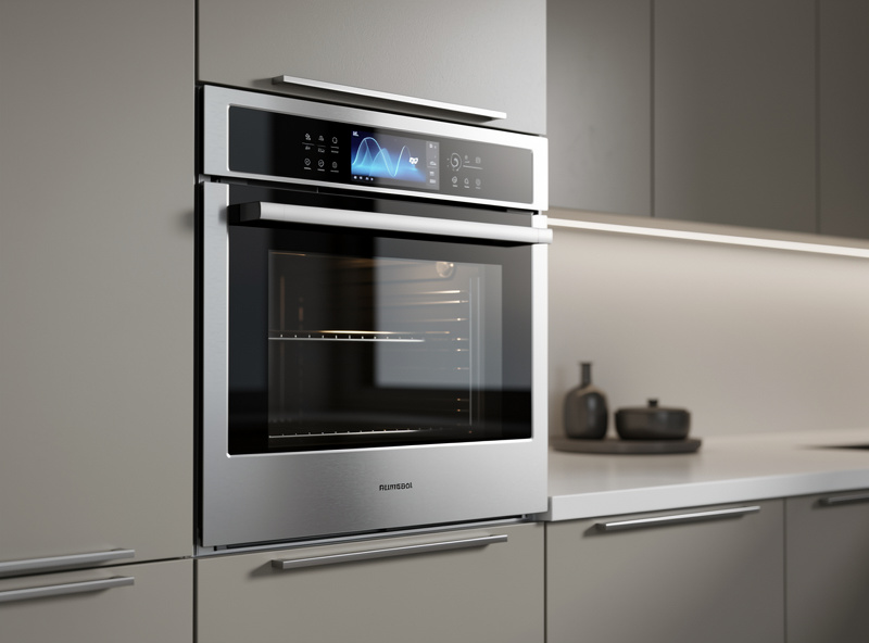 Modern smart wall oven built into kitchen cabinetry with touchscreen display