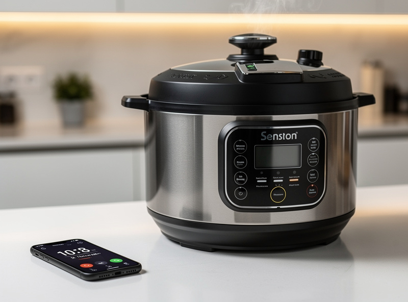 Smart pressure cooker on kitchen counter with smartphone showing recipe push notification