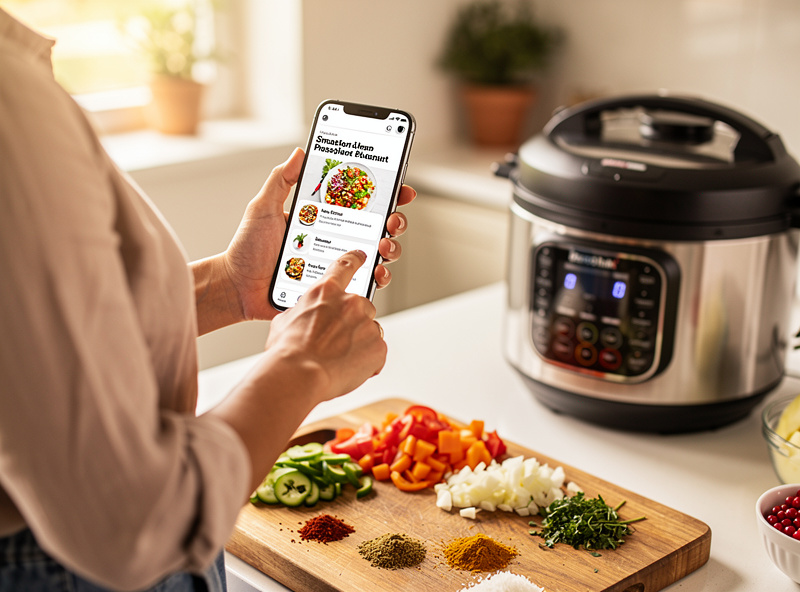 Person checking smart pressure cooker app on smartphone while preparing ingredients