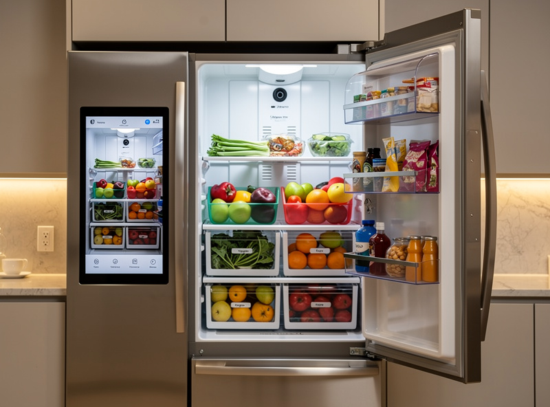 Modern smart French door refrigerator with touchscreen panel on door showing inside camera view