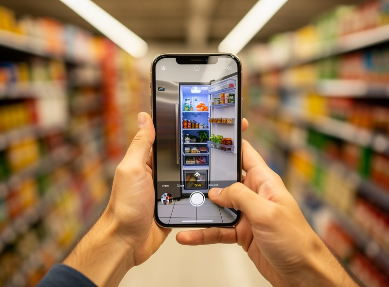 Smart refrigerator inside camera view of organized produce drawers on smartphone screen