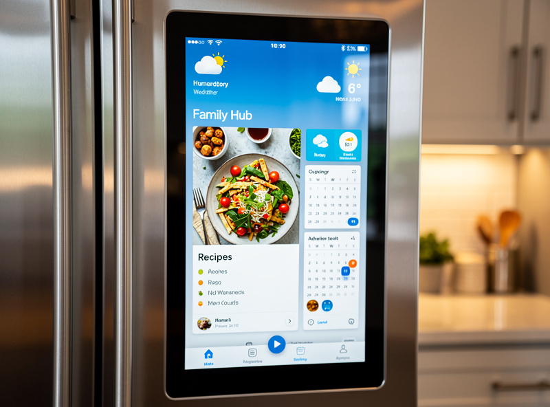 Family Hub touchscreen on smart refrigerator showing weather and recipe app