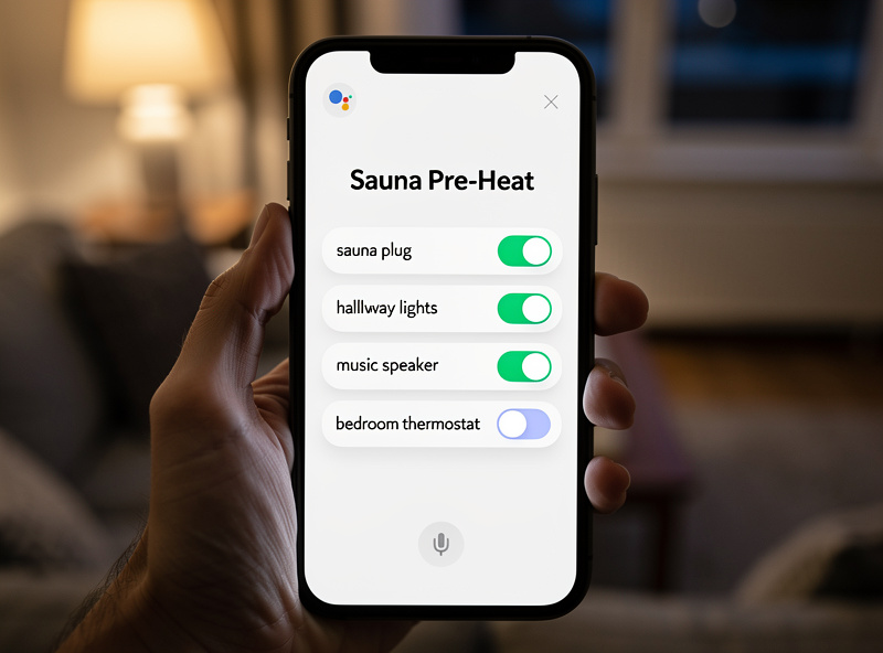 Smartphone screen showing a Home Assistant routine card titled Sauna Pre-Heat with phase timing T-30 to T+45 and toggle switches for sauna plug, hallway lights, speaker, and bedroom thermostat