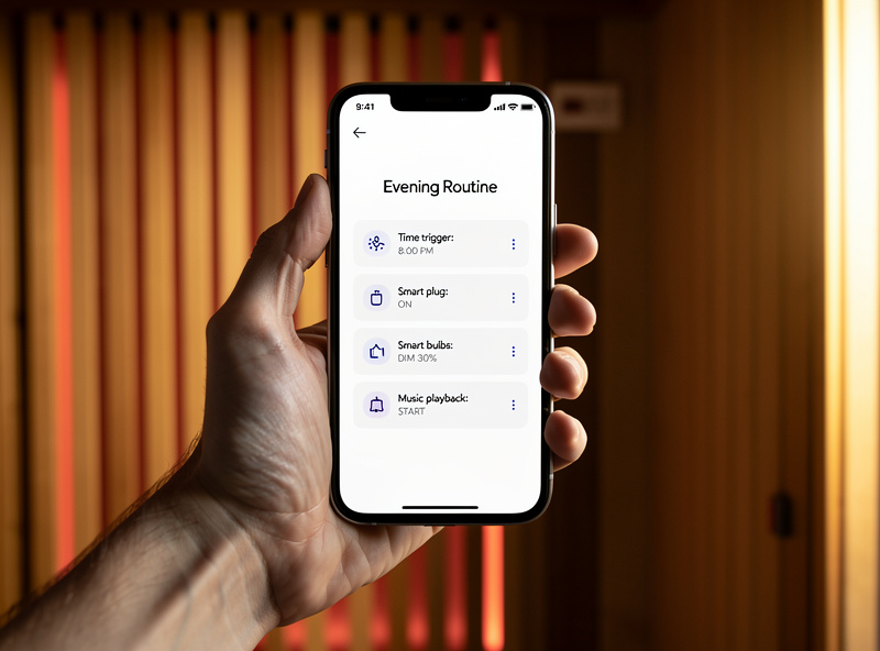 Hand holding a smartphone showing the Alexa app routine builder configured for sauna pre-heat with starting time, action list including smart plug on, lights dim 30 percent, and music playback